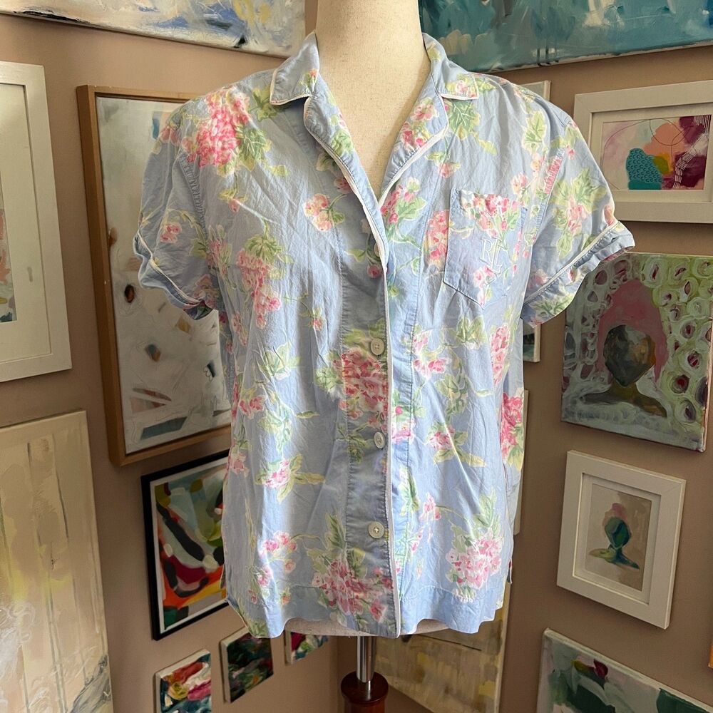 Lauren Ralph Lauren Blue Floral Short Sleeve Button Down Shirt Pajama Top Size M